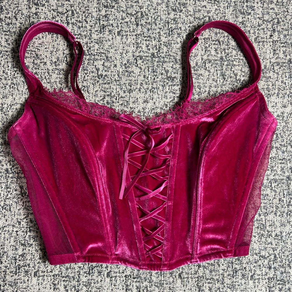 VICTORIAS SECRET Dream Angel Unlined Lace-Up‎ Velvet Corset Top Maroon M